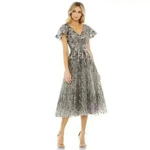 Mac Duggal 20392 Embellished Butterfly Fit Flare Tea Length Dress 14 L Gunmetal